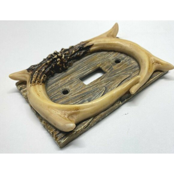Rustic Antler Single Light Switch Cover Plate Faux Wood & Horn Design - Picture 3 of 8
